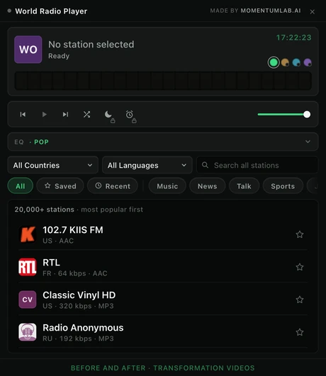 The World Radio Player popup at rest: the now playing deck with an unlit spectrum wall, the transport row, the collapsed equalizer strip, country and language selects, the shelf rail and the top of the station list.