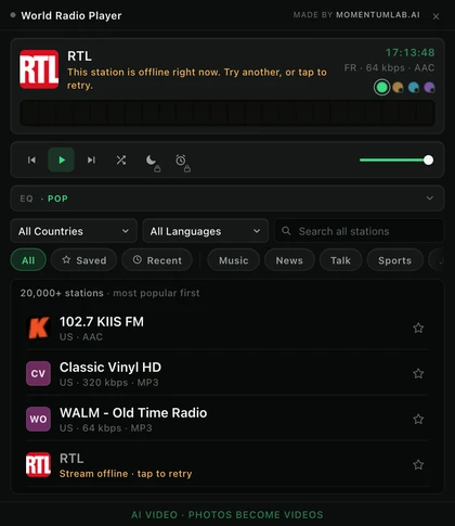 The extension showing an offline station: the deck status line reads that the station is offline right now and invites a retry, in amber.