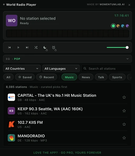 The Music shelf across all countries, with curated picks at the top of the list and the chip rail showing All, Saved, Recent, Music, News, Talk and Sports.